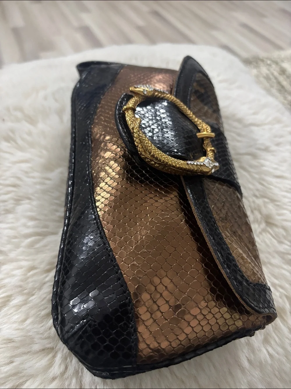 Doncaster Embossed Snakeskin Leather Clutch Bronze Gold‎ Rhinestone Snake